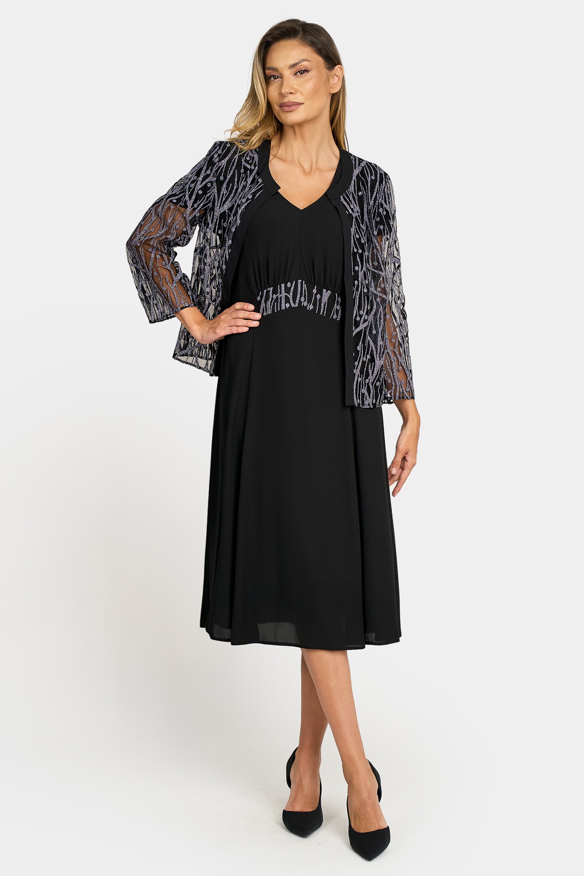 Elegant suit with silver jacket and black dress 9473 - Viada