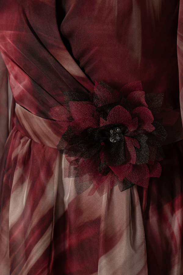 Elegant printed chiffon dress R 255, burgundy