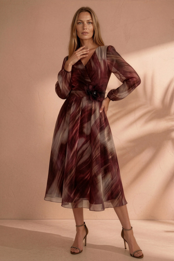 Elegant printed chiffon dress R 255, burgundy