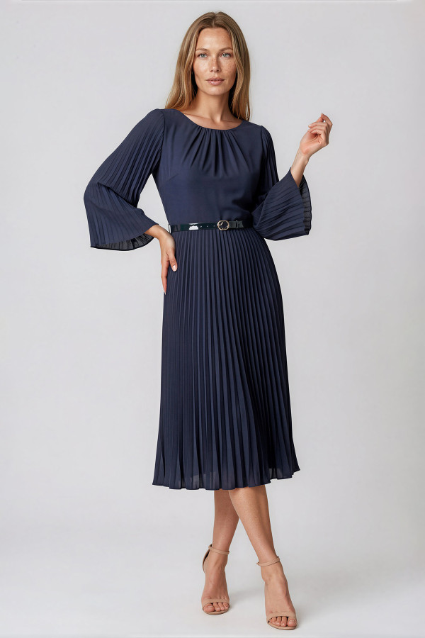 Elegant office dress with pleats R 291 navy blue