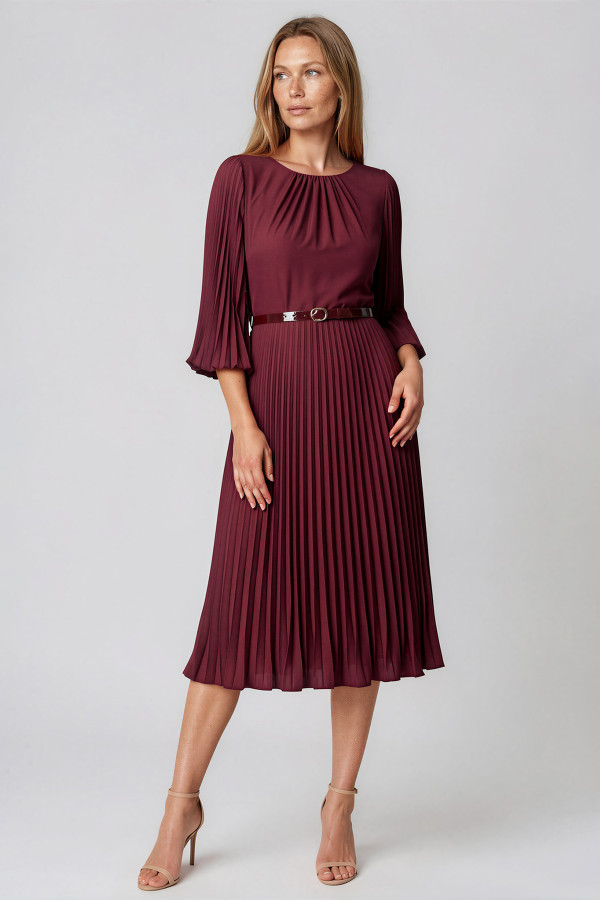 Elegant office dress with pleats R 291 bordo